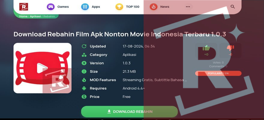 Halaman download Rebahin Film Apk